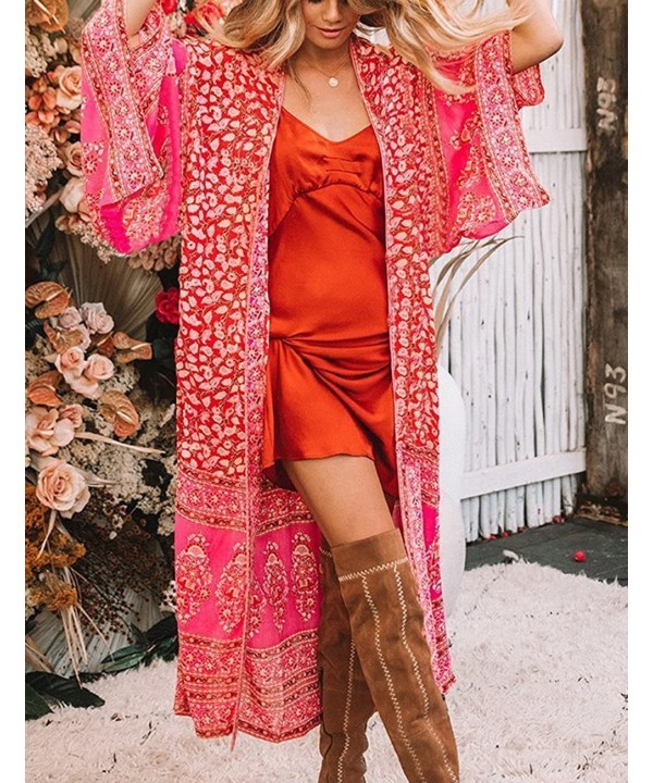 Womens Chiffon/Rayon Beach Blouses Kimono Cardigan Long Bikini Cover Up - Red Floral - C818GNRGECG $24.90-Cover-Ups