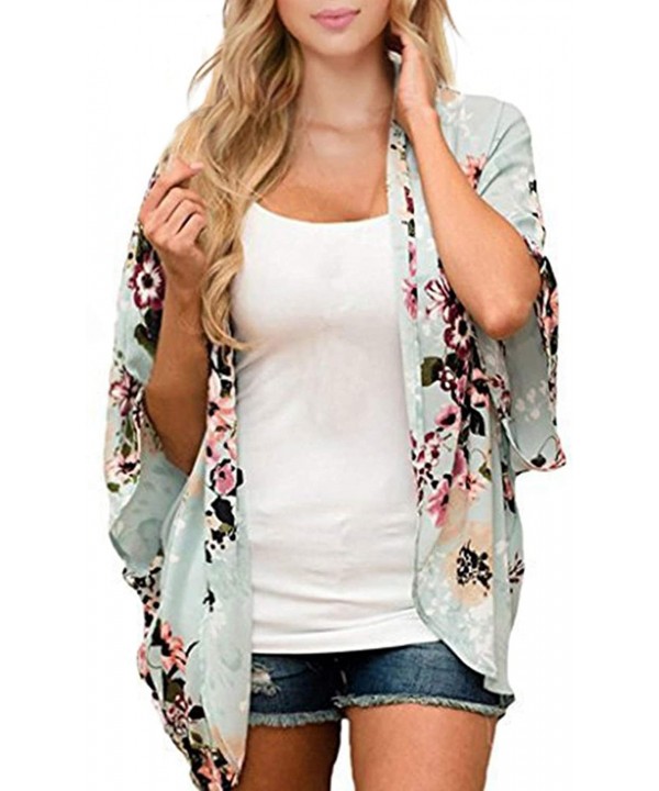 Womens Floral Kimono Cardigan Half Sleeve Chiffon Beach Cover Ups Loose Blouse Tops Kimonos for Women Light Green - CL199HOAK...