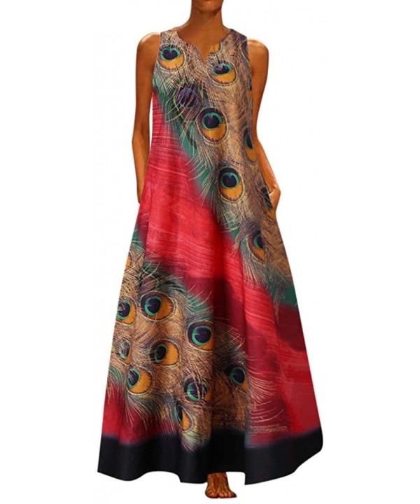 Women's Sleeveless Long Maxi Dress Boho V Neck Vintage Floral Printed Summer Casual Loose Party Tank Dresses Z2 red - CW19C5W...