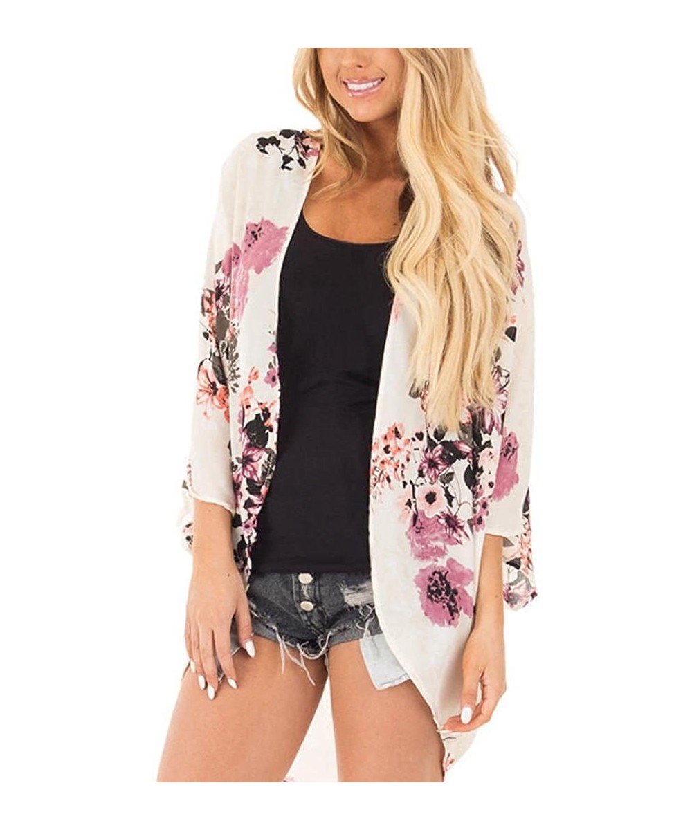 Summer Women's Oversized Floral Kimono Chiffon Shawl Cardigan Tops Blouse - White - CH18DO52NAG $17.66-Cover-Ups