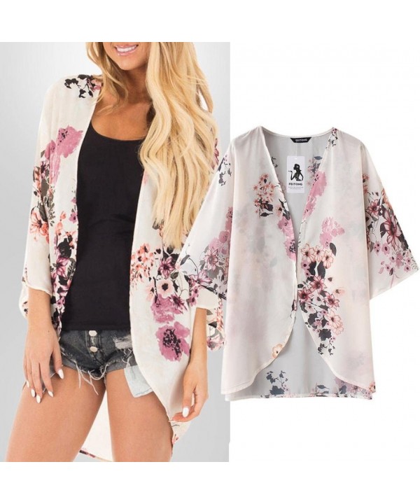 Summer Women's Oversized Floral Kimono Chiffon Shawl Cardigan Tops Blouse - White - CH18DO52NAG $17.66-Cover-Ups