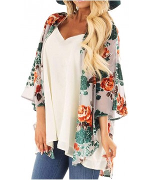 Womens Floral Chiffon Kimono Cardigans Loose Beach Cover Up Half Sleeve Tops - Grey+floral - CP193AMM88Z $12.68-Cover-Ups