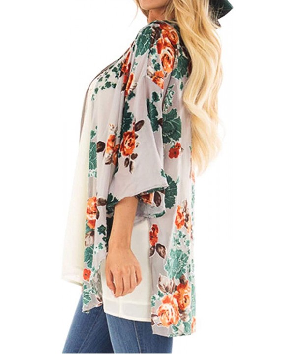 Womens Floral Chiffon Kimono Cardigans Loose Beach Cover Up Half Sleeve Tops - Grey+floral - CP193AMM88Z $12.68-Cover-Ups