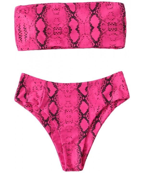 Women's Sexy Bikini Set High Waist Wrap Padding Bandeau Bathing Swimwear Suit - Snakeskin-hot Pink - CD1902XOOYX $28.12-Sets