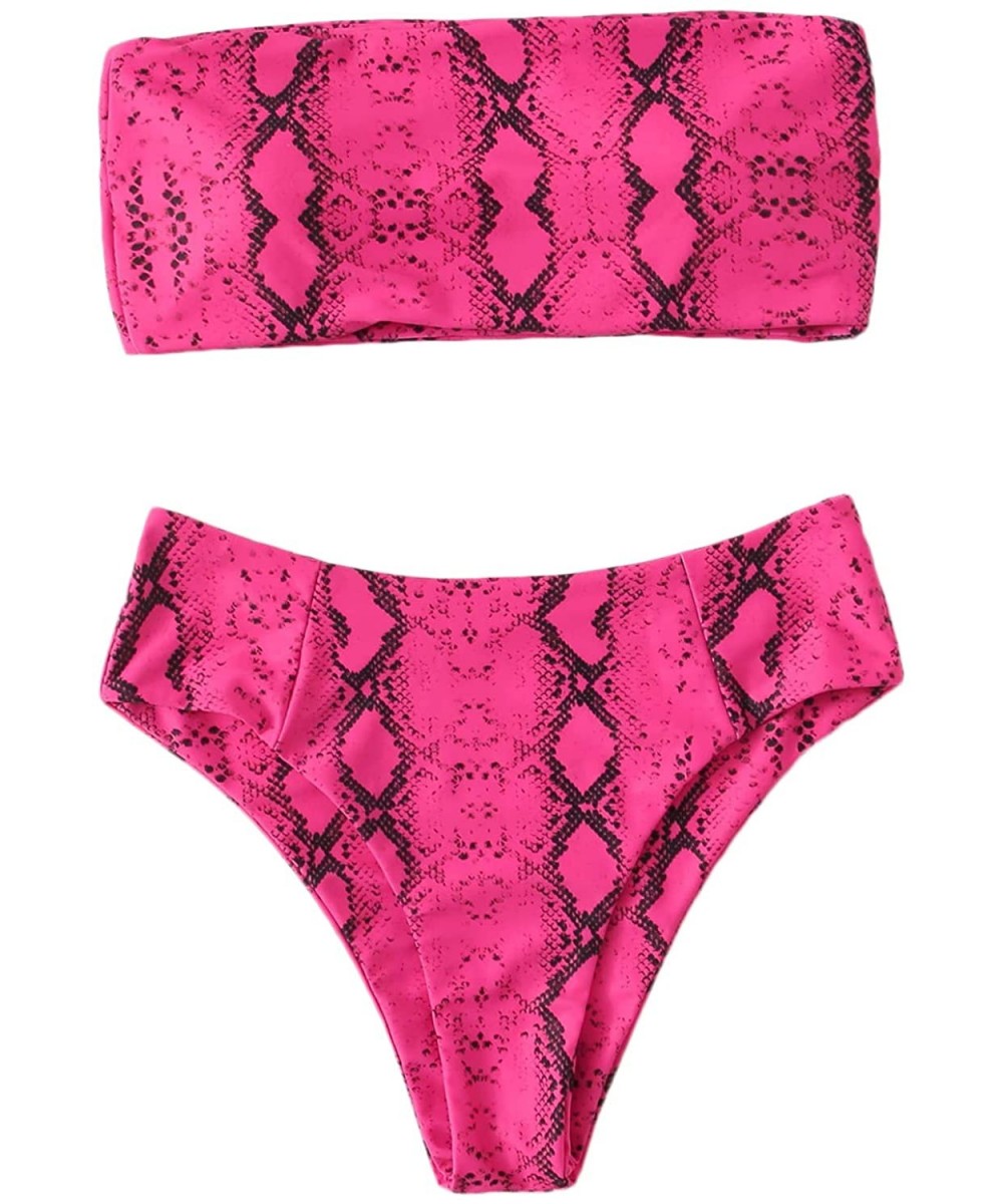 Women's Sexy Bikini Set High Waist Wrap Padding Bandeau Bathing Swimwear Suit - Snakeskin-hot Pink - CD1902XOOYX $28.12-Sets