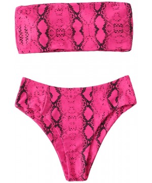 Women's Sexy Bikini Set High Waist Wrap Padding Bandeau Bathing Swimwear Suit - Snakeskin-hot Pink - CD1902XOOYX $28.12-Sets