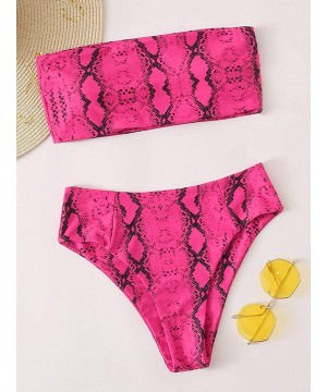 Women's Sexy Bikini Set High Waist Wrap Padding Bandeau Bathing Swimwear Suit - Snakeskin-hot Pink - CD1902XOOYX $28.12-Sets