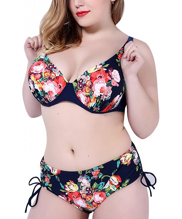 Women's Plus Retro Elegant Floral Print 2 Pieces Bikini Set Swimsuit Swimwear - Navy - CT12DJ3K4D9 $29.70-Sets