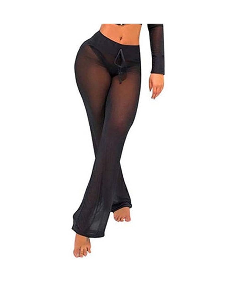 Sexy Women See Through Mesh Flare Cover Up Pants Swimsuit Bikini Bottom Cover Up - Black-2 - CV18GM3MEZN $11.94-Cover-Ups