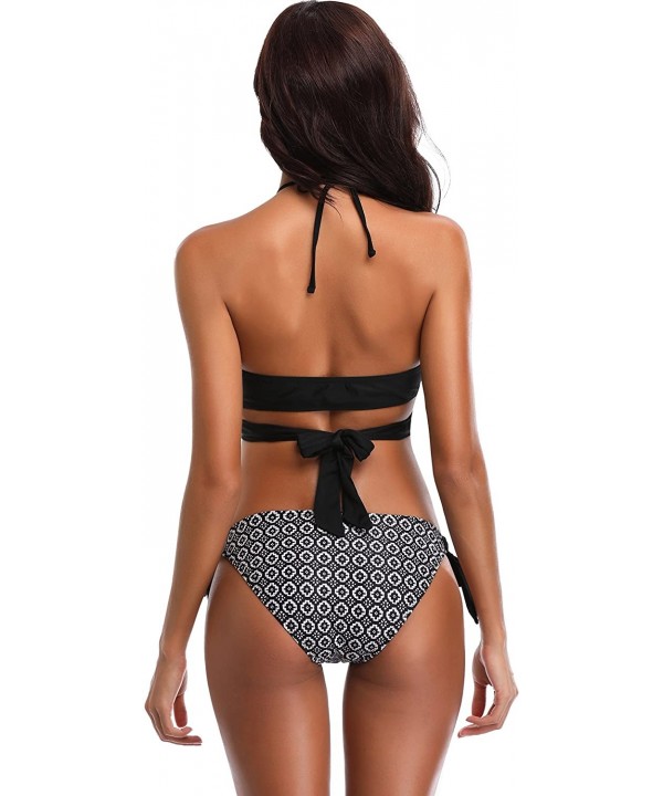 Womens Bathing Suits Push Up Halter Bandage Bikini Floral Printing Swim Bottoms Two Piece Swimsuits - Black - C418HQCYRAS $31...