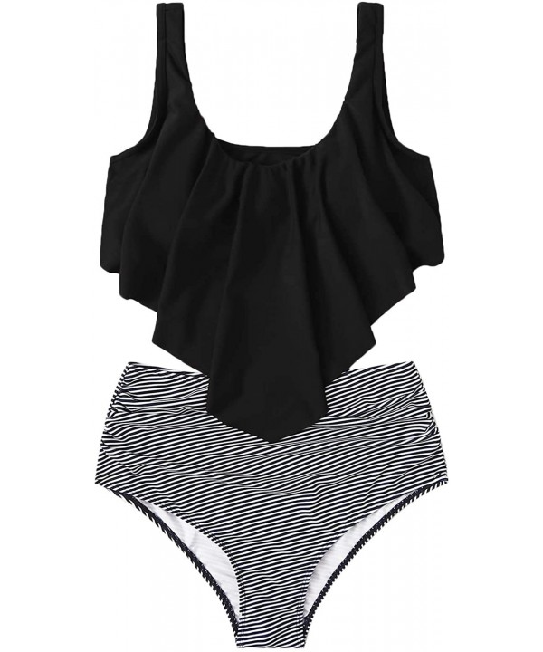 Women's Boho Ruffle Falbala Bathing Suits Striped Shorts Bikini Set - Black White-1 - C1198S8KGQH $20.03-Sets