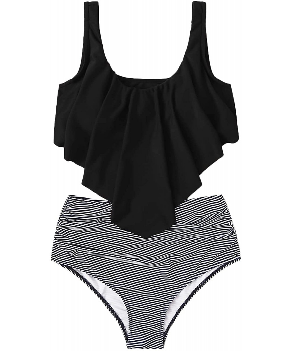 Women's Boho Ruffle Falbala Bathing Suits Striped Shorts Bikini Set - Black White-1 - C1198S8KGQH $20.03-Sets