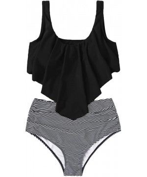 Women's Boho Ruffle Falbala Bathing Suits Striped Shorts Bikini Set - Black White-1 - C1198S8KGQH $20.03-Sets