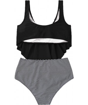 Women's Boho Ruffle Falbala Bathing Suits Striped Shorts Bikini Set - Black White-1 - C1198S8KGQH $20.03-Sets