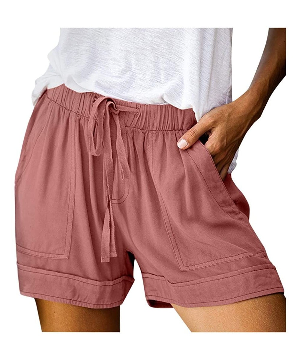 Women's Casual Elastic Waist Striped Summer Beach Shorts with Pockets Comfy Beach Shorts with Drawstring - Pink - CP198D2GSKI...