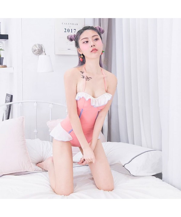 Womens Cute Pink Swimsuit Lolita Strappy Swimwear Japanese Ruffle Backless Bathingsuit - CZ18ESGHS3D $41.96-Racing