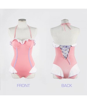 Womens Cute Pink Swimsuit Lolita Strappy Swimwear Japanese Ruffle Backless Bathingsuit - CZ18ESGHS3D $41.96-Racing