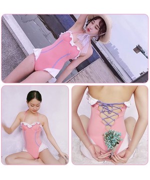 Womens Cute Pink Swimsuit Lolita Strappy Swimwear Japanese Ruffle Backless Bathingsuit - CZ18ESGHS3D $41.96-Racing