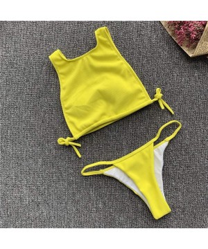 Womens Sexy 2 Piece Bikini Set Tie Knot Side Tank Tops Brazilian Cheeky Thong Swimsuit Bathing Suit Swimwear Yellow - CL18UC3...