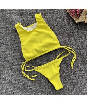 Womens Sexy 2 Piece Bikini Set Tie Knot Side Tank Tops Brazilian Cheeky Thong Swimsuit Bathing Suit Swimwear Yellow - CL18UC3...