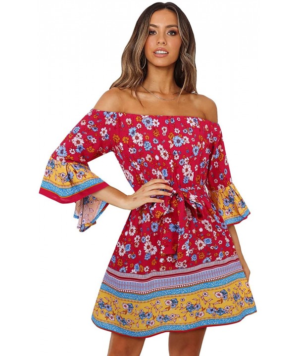 Women's Off Shoulder Boho Floral Summer Casual 3/4 Flare Sleeves Above Knee Beach Party Mini Sundress with Belt Red - CS196SS...