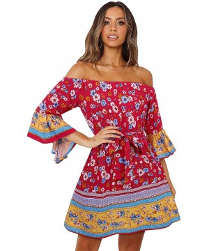 Women's Off Shoulder Boho Floral Summer Casual 3/4 Flare Sleeves Above Knee Beach Party Mini Sundress with Belt Red - CS196SS...