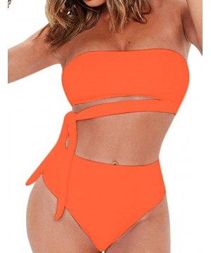 High Waisted Two Piece Bikini Set Crop Top Tie Bathing Suits High Cut Bandeau Swimsuit for Women Bright Orange Swimsuit - C71...