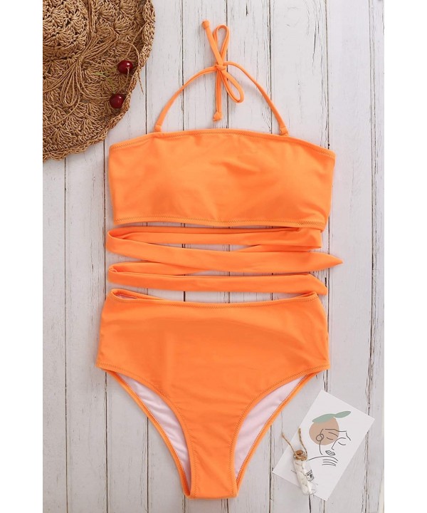 High Waisted Two Piece Bikini Set Crop Top Tie Bathing Suits High Cut Bandeau Swimsuit for Women Bright Orange Swimsuit - C71...