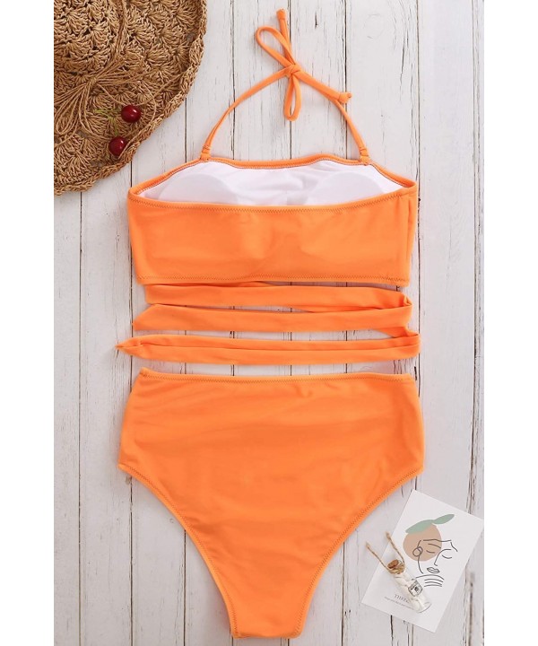 High Waisted Two Piece Bikini Set Crop Top Tie Bathing Suits High Cut Bandeau Swimsuit for Women Bright Orange Swimsuit - C71...