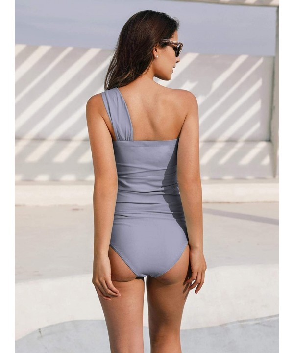 Women's Ruched Wrap Front Tankini Swimsuits 2 Piece Bathing Suits One Shoulder Beachwear - Gray - CF18QRDXREU $25.31-One-Pieces