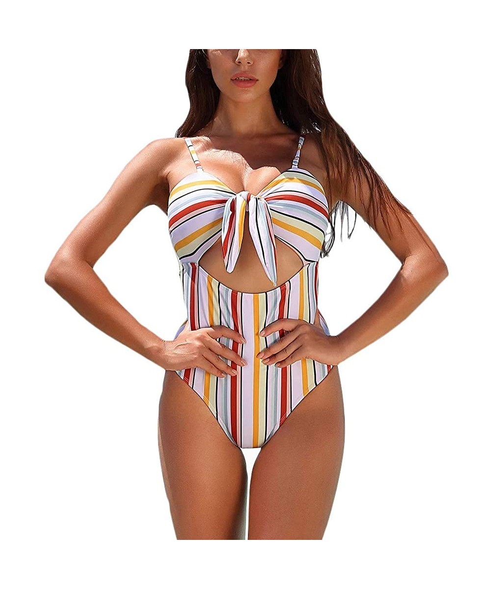 2019 Women's Leaves Print Cut Out One Piece Bowknot High Waist Halter Padding Swimsuit Beach Swimwear Bathing Suit - Striped ...