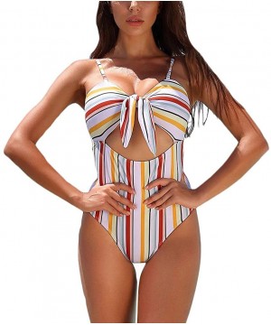 2019 Women's Leaves Print Cut Out One Piece Bowknot High Waist Halter Padding Swimsuit Beach Swimwear Bathing Suit - Striped ...