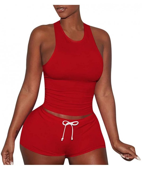 Women's 2 Piece Shorts Set - Sexy Outfits Crop Top + Shorts Tracksuit - Red - C31997G2AWY $22.78-Board Shorts