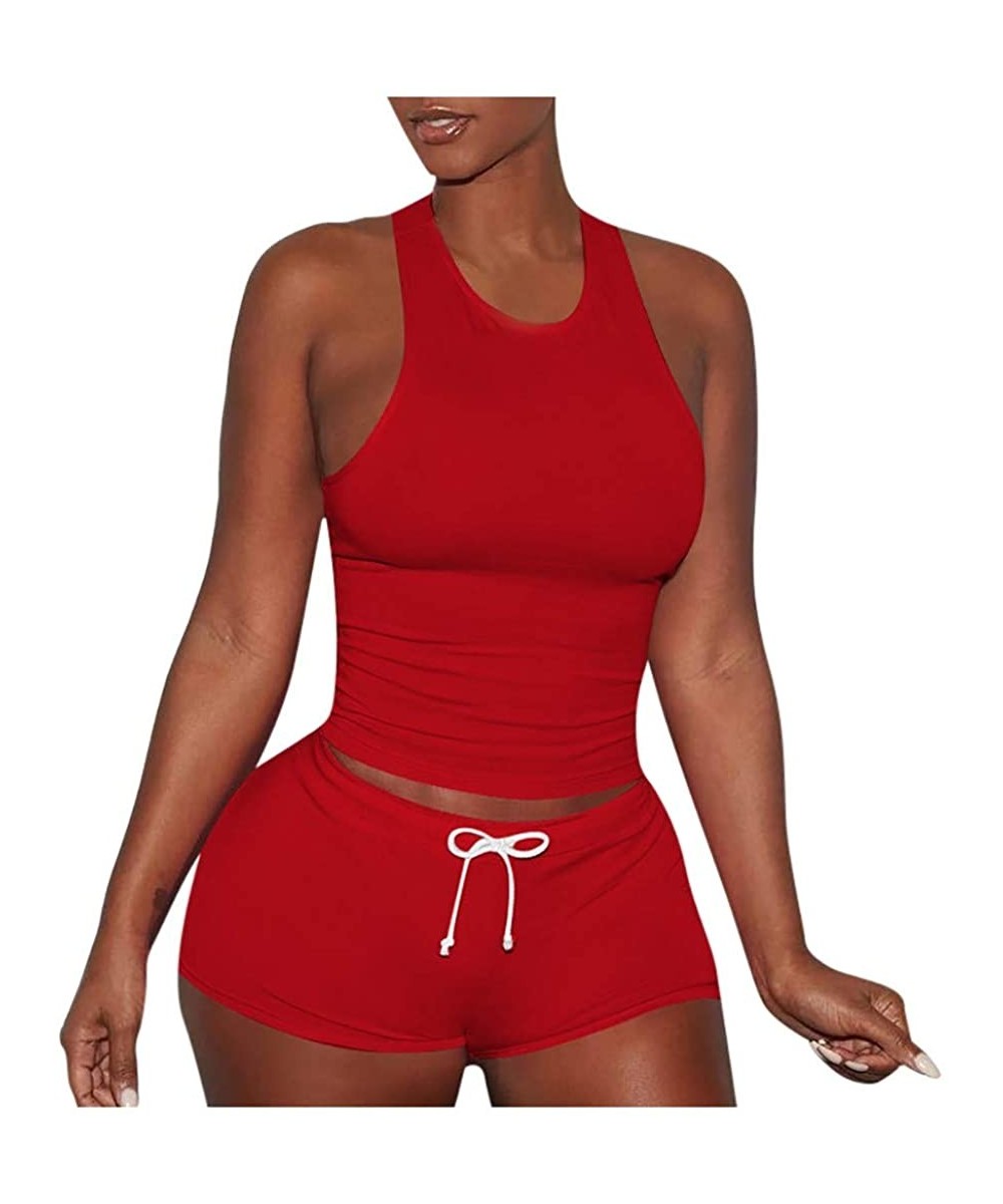 Women's 2 Piece Shorts Set - Sexy Outfits Crop Top + Shorts Tracksuit - Red - C31997G2AWY $22.78-Board Shorts