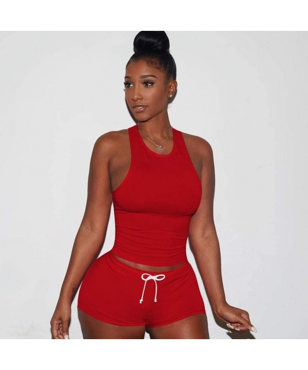 Women's 2 Piece Shorts Set - Sexy Outfits Crop Top + Shorts Tracksuit - Red - C31997G2AWY $22.78-Board Shorts