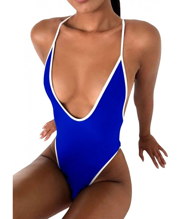 Swimsuits for Women Sexy Monokini Deep V One Piece Bathing Suits Backless Cheeky Swimwear Semi Thong Bikini Deep Blue - CQ18C...