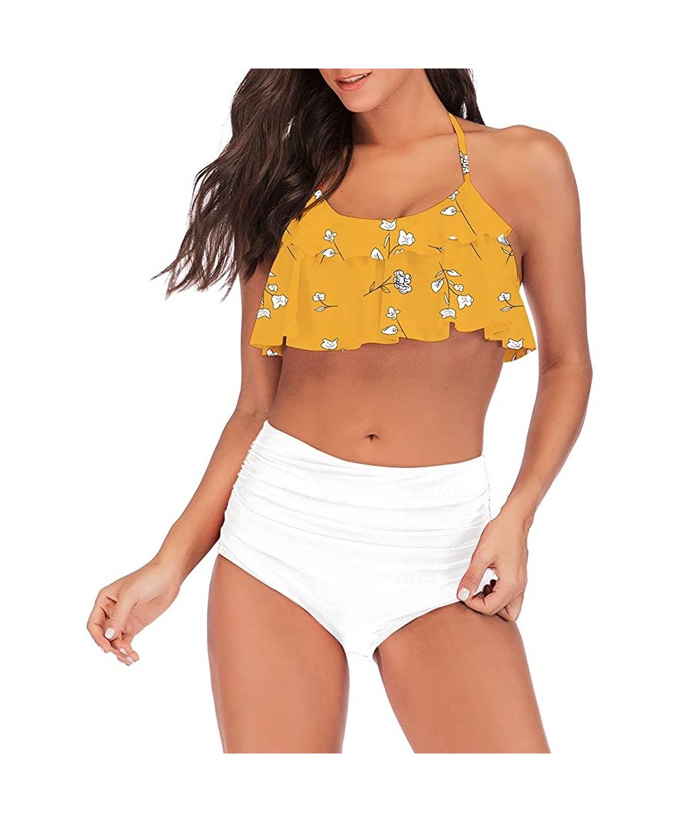 Women's Retro Boho Flounce Falbala High Waist Bikini Set Halter Neck Two Piece Swimsuit(FBA) - Top Yellow Print Pants White -...