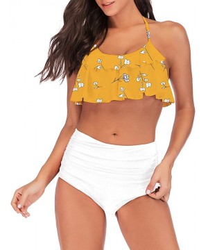 Women's Retro Boho Flounce Falbala High Waist Bikini Set Halter Neck Two Piece Swimsuit(FBA) - Top Yellow Print Pants White -...