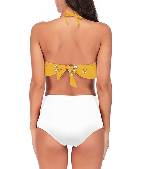 Women's Retro Boho Flounce Falbala High Waist Bikini Set Halter Neck Two Piece Swimsuit(FBA) - Top Yellow Print Pants White -...