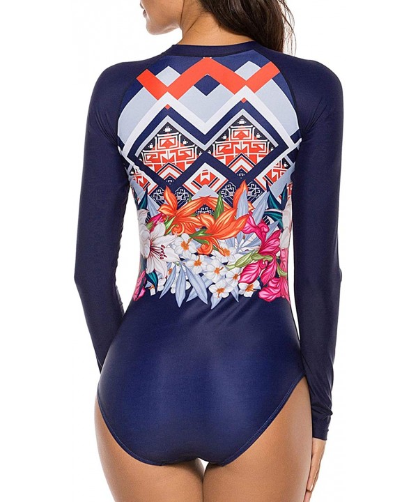 Women Long Sleeve One Piece Surf UV Sun Protection Rash Guard Swimsuit - Blue - C81936DGTQ7 $29.12-Rash Guards