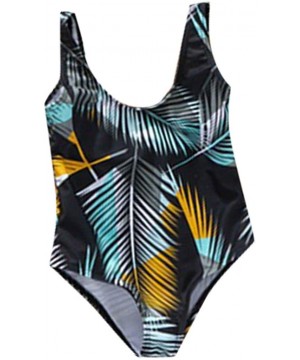 Swimsuit One Piece Leaves Printed V Neck Family Matching Womens Mens Girls Boys Swimwear Bathing Suits Beachwear Black - C019...