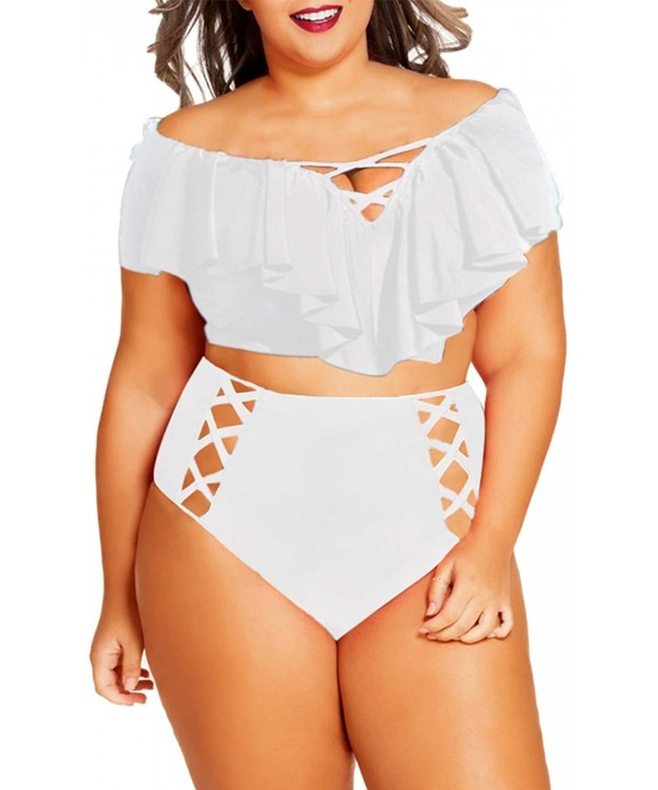 Women's Plus Size Swimwear 2 Piece High Waisted Swimsuit Ruffle Bikini - White - CV18CQW6K9Z $24.90-Bottoms