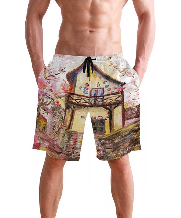 Men's Swim Trunks Japanese Cherry Blossom with Mount Fuji Quick Dry Beach Board Shorts with Pockets - Peach Blossom Oil-paint...