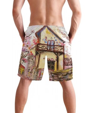 Men's Swim Trunks Japanese Cherry Blossom with Mount Fuji Quick Dry Beach Board Shorts with Pockets - Peach Blossom Oil-paint...