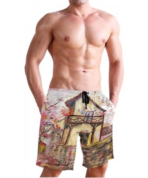 Men's Swim Trunks Japanese Cherry Blossom with Mount Fuji Quick Dry Beach Board Shorts with Pockets - Peach Blossom Oil-paint...