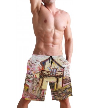 Men's Swim Trunks Japanese Cherry Blossom with Mount Fuji Quick Dry Beach Board Shorts with Pockets - Peach Blossom Oil-paint...