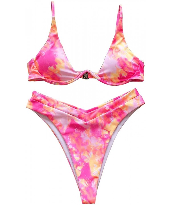 Women's Underwired Tie Dye Triangle Bathing Two Pieces Swimsuit Bikini Set - Pink - C0196D080H0 $17.84-Sets