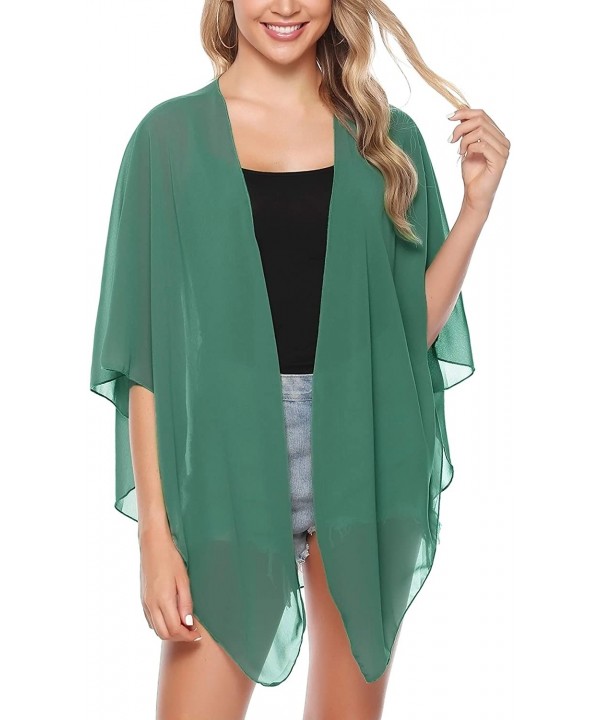 Women's Lightweight Chiffon Cover Up Sheer Kimono 3/4 Sleeve Cardigan - Dark Green - C218UDLQRCL $19.14-Cover-Ups