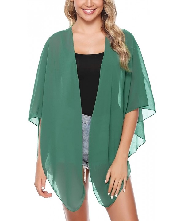 Women's Lightweight Chiffon Cover Up Sheer Kimono 3/4 Sleeve Cardigan - Dark Green - C218UDLQRCL $19.14-Cover-Ups