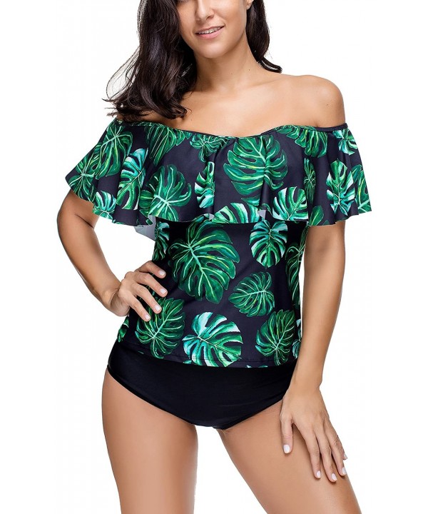 Women Bathing Suit Off Shoulder Flounce Swimsuit Leaves Printing Tankini Set Ladies Swimwear - Dark Green - C818DH6AQ27 $14.6...